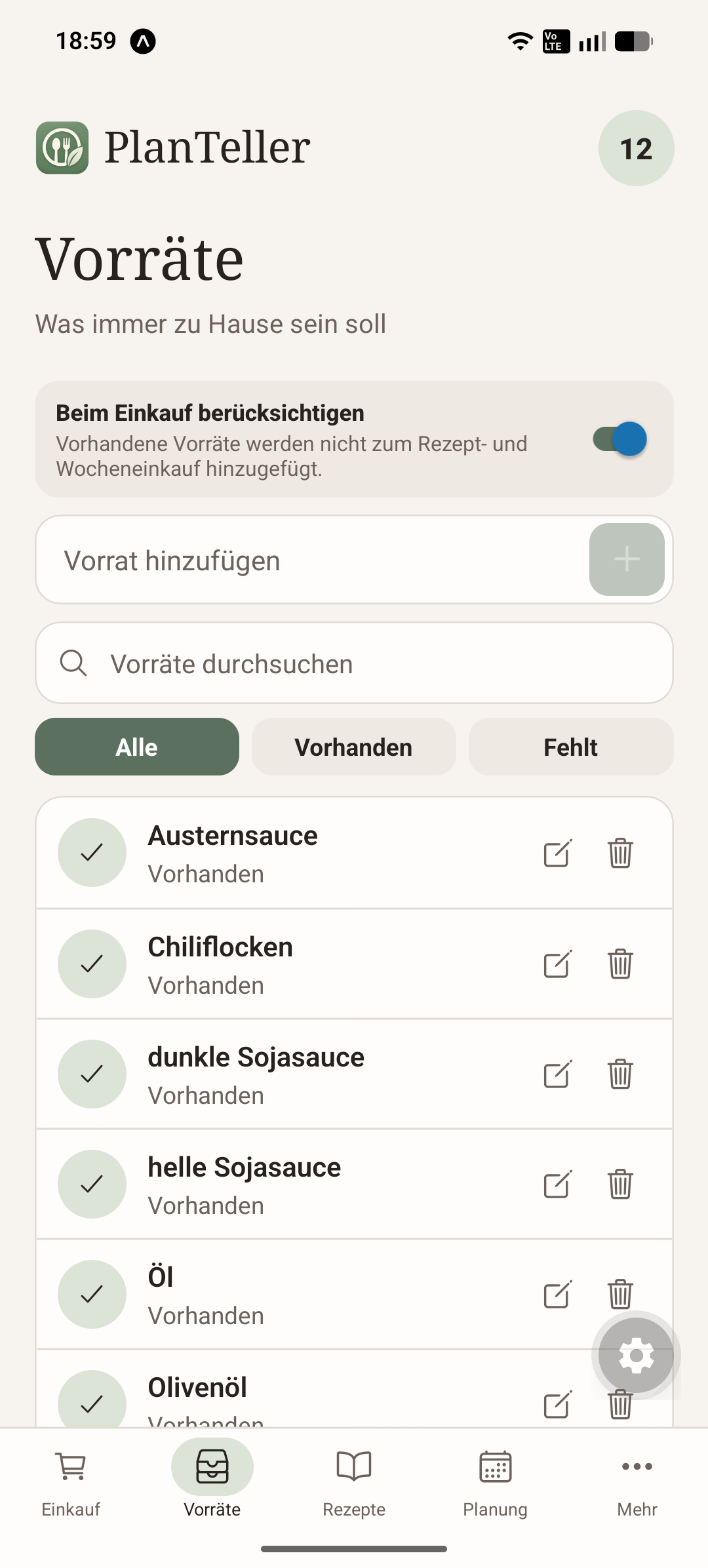 PlanTeller Vorräte