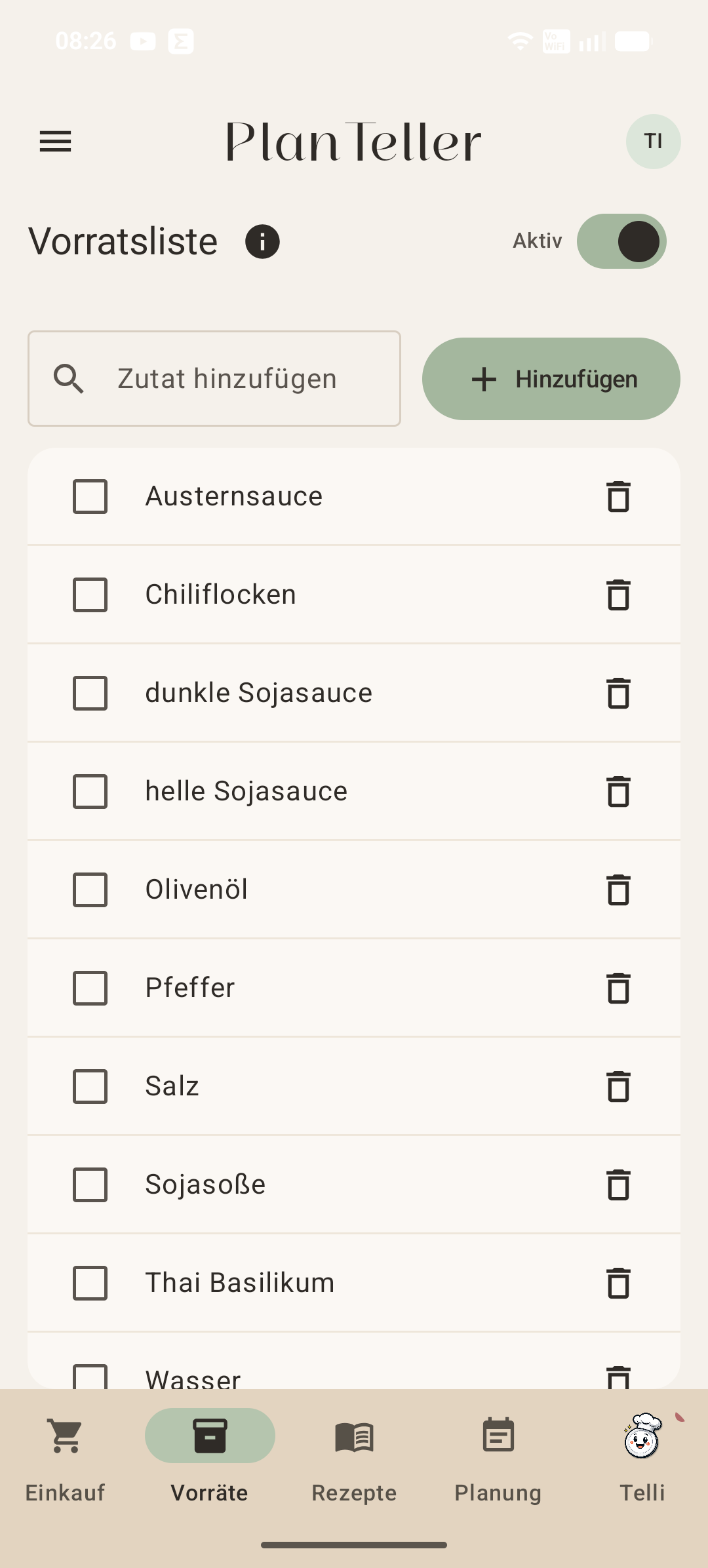 PlanTeller Vorratsliste