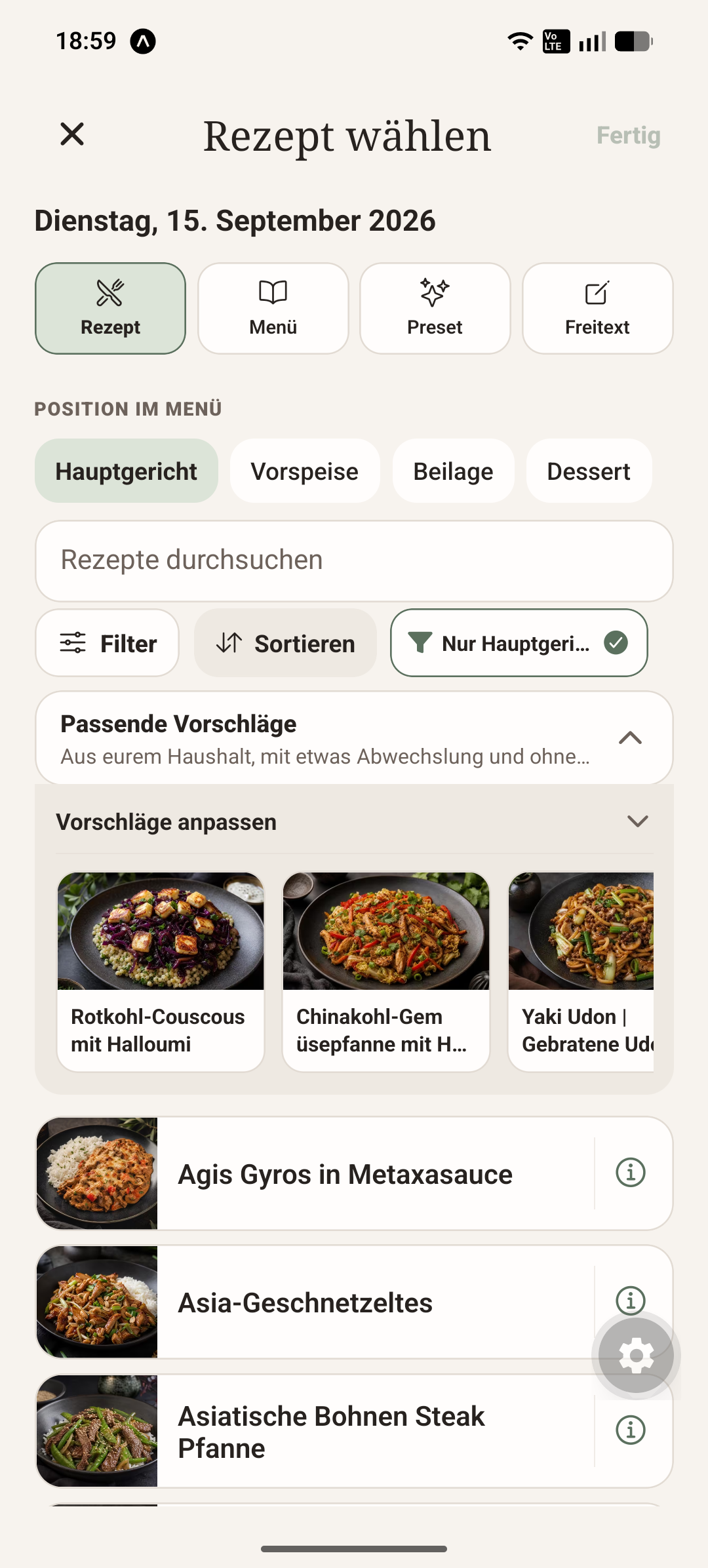 Auswahlansicht in PlanTeller zum Hinzufügen eines Rezepts oder Menüs zur Planung