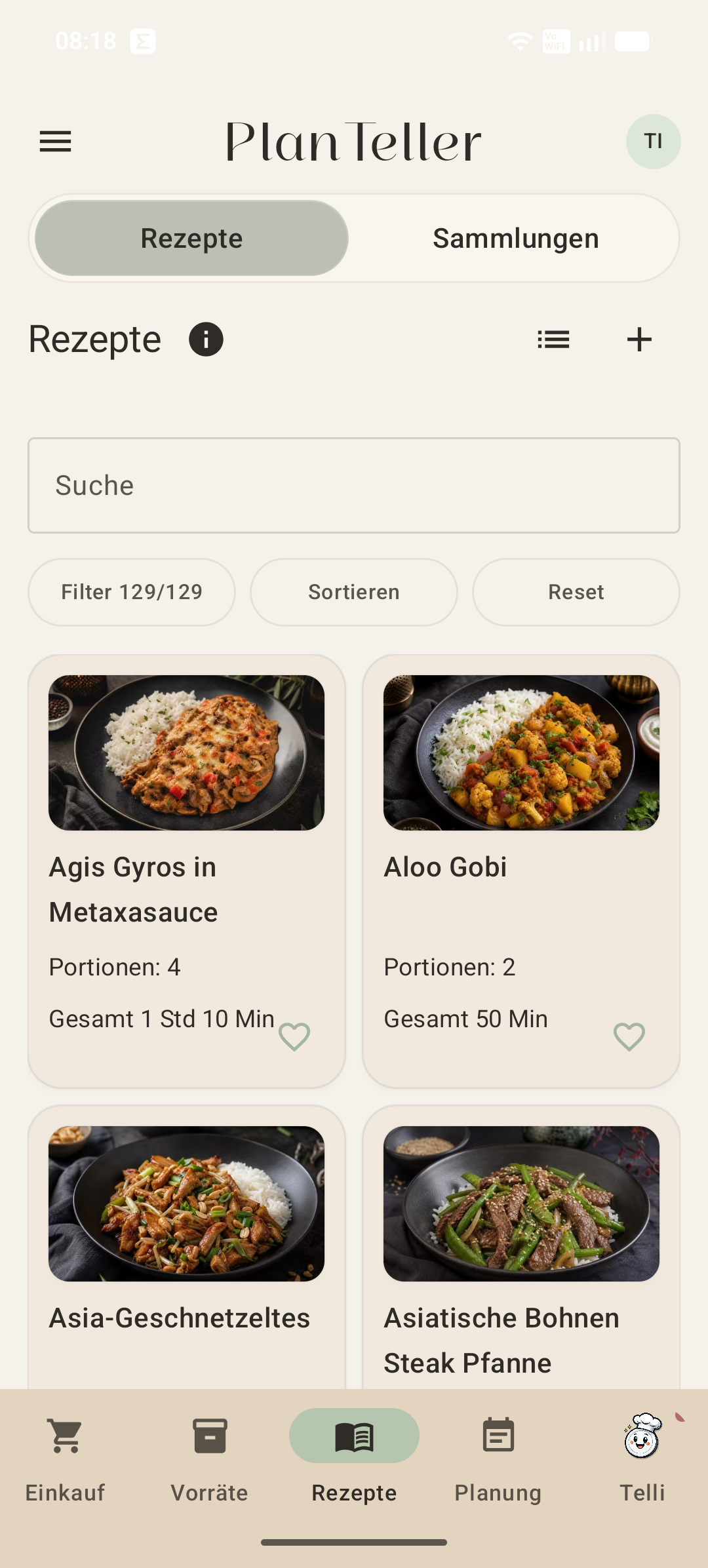 PlanTeller Rezeptübersicht